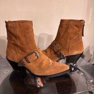Zara Brown Tan Suede Split Leather Metal Buckle Ankle Western Boots 38 7.5
